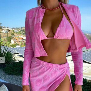 Frankies Bikini Cheri Pink Floral Terry Cardigan Sweater